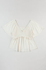 Load image into Gallery viewer, Tomato Red Shirred V Neck Short Flutter Sleeve Textured Blouse - Fashion Queen - 19