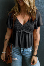 Load image into Gallery viewer, Tomato Red Shirred V Neck Short Flutter Sleeve Textured Blouse - Fashion Queen - 7