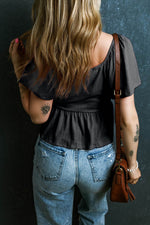 Load image into Gallery viewer, Tomato Red Shirred V Neck Short Flutter Sleeve Textured Blouse - Fashion Queen - 8