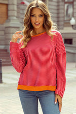Load image into Gallery viewer, Tomato Red Two Tone Striped Side Buttons Drop Shoulder Top - Fashion Queen - 1
