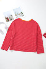 Load image into Gallery viewer, Tomato Red Two Tone Striped Side Buttons Drop Shoulder Top - Fashion Queen - 11