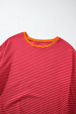 Load image into Gallery viewer, Tomato Red Two Tone Striped Side Buttons Drop Shoulder Top - Fashion Queen - 14