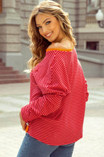Load image into Gallery viewer, Tomato Red Two Tone Striped Side Buttons Drop Shoulder Top - Fashion Queen - 2