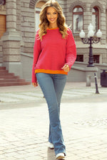 Load image into Gallery viewer, Tomato Red Two Tone Striped Side Buttons Drop Shoulder Top - Fashion Queen - 5