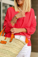 Load image into Gallery viewer, Tomato Red Two Tone Striped Side Buttons Drop Shoulder Top - Fashion Queen - 7