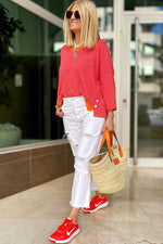 Load image into Gallery viewer, Tomato Red Two Tone Striped Side Buttons Drop Shoulder Top - Fashion Queen - 9