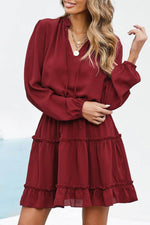 Load image into Gallery viewer, V Neck Long Sleeve Ruffle Tiered Mini Dress - Fashion Queen - 1