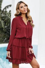 Load image into Gallery viewer, V Neck Long Sleeve Ruffle Tiered Mini Dress - Fashion Queen - 3