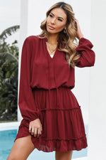 Load image into Gallery viewer, V Neck Long Sleeve Ruffle Tiered Mini Dress - Fashion Queen - 7