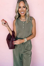 Load image into Gallery viewer, Vineyard Green Buttoned Drawstring Waist Sleeveless Wide Leg Jumpsuit - Fashion Queen - 11