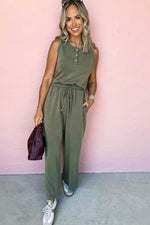 Load image into Gallery viewer, Vineyard Green Buttoned Drawstring Waist Sleeveless Wide Leg Jumpsuit - Fashion Queen - 14