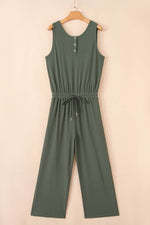 Load image into Gallery viewer, Vineyard Green Buttoned Drawstring Waist Sleeveless Wide Leg Jumpsuit - Fashion Queen - 15