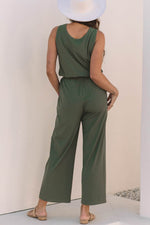 Load image into Gallery viewer, Vineyard Green Buttoned Drawstring Waist Sleeveless Wide Leg Jumpsuit - Fashion Queen - 2