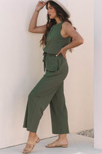 Load image into Gallery viewer, Vineyard Green Buttoned Drawstring Waist Sleeveless Wide Leg Jumpsuit - Fashion Queen - 3