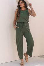 Load image into Gallery viewer, Vineyard Green Buttoned Drawstring Waist Sleeveless Wide Leg Jumpsuit - Fashion Queen - 5