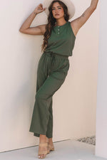 Load image into Gallery viewer, Vineyard Green Buttoned Drawstring Waist Sleeveless Wide Leg Jumpsuit - Fashion Queen - 6