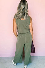 Load image into Gallery viewer, Vineyard Green Buttoned Drawstring Waist Sleeveless Wide Leg Jumpsuit - Fashion Queen - 9