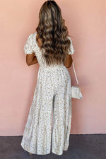 Load image into Gallery viewer, White Boho Floral Smocked Wide Leg Short Puff Sleeve Jumpsuit - Fashion Queen - 2