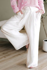 Load image into Gallery viewer, White Casual Tie Waist Pleated Wide Leg Pants - Fashion Queen - 5