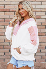 Load image into Gallery viewer, White Colorblock Patchwork Half Zip Oversized Sherpa Hoodie - Fashion Queen - 3