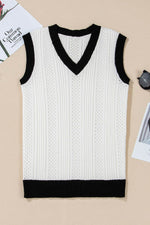 Load image into Gallery viewer, White Contrast Trim Eyelet Knit Colorblock V Neck Sweater Vest - Fashion Queen - 11