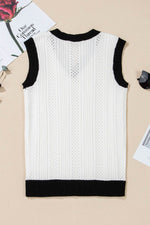 Load image into Gallery viewer, White Contrast Trim Eyelet Knit Colorblock V Neck Sweater Vest - Fashion Queen - 12