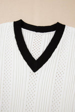 Load image into Gallery viewer, White Contrast Trim Eyelet Knit Colorblock V Neck Sweater Vest - Fashion Queen - 13