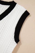 Load image into Gallery viewer, White Contrast Trim Eyelet Knit Colorblock V Neck Sweater Vest - Fashion Queen - 16