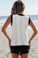 Load image into Gallery viewer, White Contrast Trim Eyelet Knit Colorblock V Neck Sweater Vest - Fashion Queen - 2