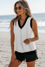 Load image into Gallery viewer, White Contrast Trim Eyelet Knit Colorblock V Neck Sweater Vest - Fashion Queen - 3