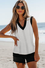 Load image into Gallery viewer, White Contrast Trim Eyelet Knit Colorblock V Neck Sweater Vest - Fashion Queen - 4