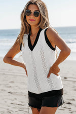 Load image into Gallery viewer, White Contrast Trim Eyelet Knit Colorblock V Neck Sweater Vest - Fashion Queen - 5