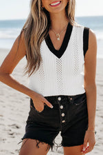 Load image into Gallery viewer, White Contrast Trim Eyelet Knit Colorblock V Neck Sweater Vest - Fashion Queen - 6