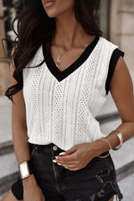 Load image into Gallery viewer, White Contrast Trim Eyelet Knit Colorblock V Neck Sweater Vest - Fashion Queen - 8