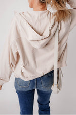 Load image into Gallery viewer, White Corduroy Drawstring Hooded Pocket Zip Up Jacket - Fashion Queen - 5