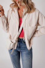 Load image into Gallery viewer, White Corduroy Drawstring Hooded Pocket Zip Up Jacket - Fashion Queen - 7