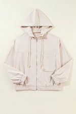 Load image into Gallery viewer, White Corduroy Drawstring Hooded Pocket Zip Up Jacket - Fashion Queen - 8