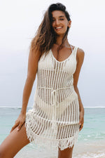 Load image into Gallery viewer, White Crochet Fishnet Fringed Edge V Neck Beach Cover Up - Fashion Queen - 1