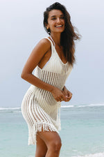 Load image into Gallery viewer, White Crochet Fishnet Fringed Edge V Neck Beach Cover Up - Fashion Queen - 3