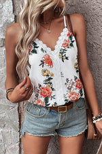 Load image into Gallery viewer, White Floral Print Lace V Neck Tank Top - Fashion Queen - 1