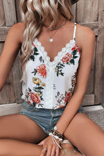 Load image into Gallery viewer, White Floral Print Lace V Neck Tank Top - Fashion Queen - 4