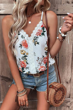 Load image into Gallery viewer, White Floral Print Lace V Neck Tank Top - Fashion Queen - 6
