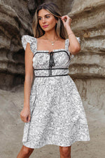 Load image into Gallery viewer, White Floral Print Pipping Trim Flutter Sleeve Mini Dress - Fashion Queen - 1