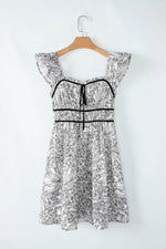 Load image into Gallery viewer, White Floral Print Pipping Trim Flutter Sleeve Mini Dress - Fashion Queen - 14