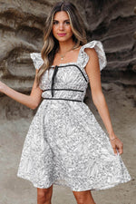 Load image into Gallery viewer, White Floral Print Pipping Trim Flutter Sleeve Mini Dress - Fashion Queen - 3