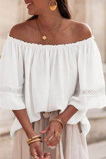 Load image into Gallery viewer, White Frilly Off Shoulder Lace Insert Sleeve Textured Blouse - Fashion Queen - 1