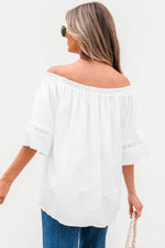 Load image into Gallery viewer, White Frilly Off Shoulder Lace Insert Sleeve Textured Blouse - Fashion Queen - 11