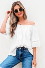 Load image into Gallery viewer, White Frilly Off Shoulder Lace Insert Sleeve Textured Blouse - Fashion Queen - 12