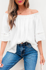 Load image into Gallery viewer, White Frilly Off Shoulder Lace Insert Sleeve Textured Blouse - Fashion Queen - 14