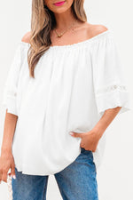 Load image into Gallery viewer, White Frilly Off Shoulder Lace Insert Sleeve Textured Blouse - Fashion Queen - 17